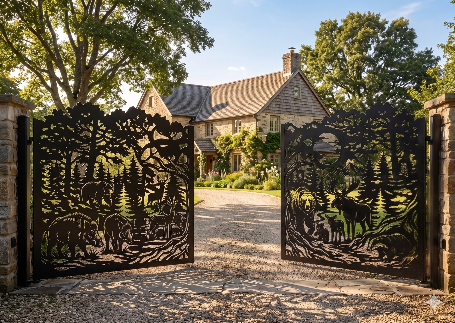 Ornate wildlife double swing gate with laser cut forest animals, decorative metal driveway gate