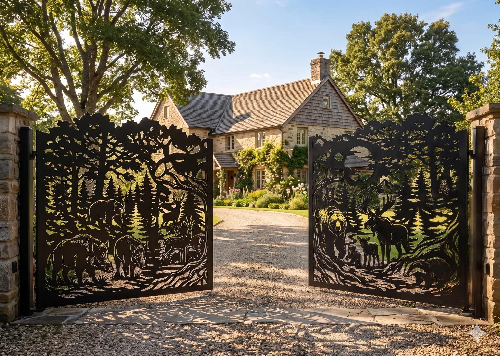 Ornate wildlife double swing gate with laser cut forest animals, decorative metal driveway gate