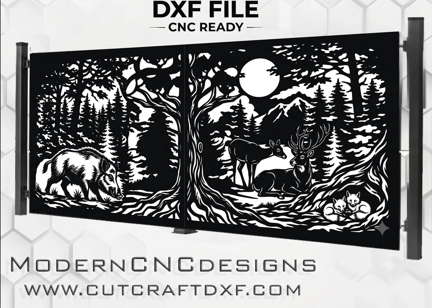Forest Wildlife Majestic Deer, Boar & Foxes Woodland Landscape |CNC Gate DXF File |Laser Plasma Cut Metal Panel Design