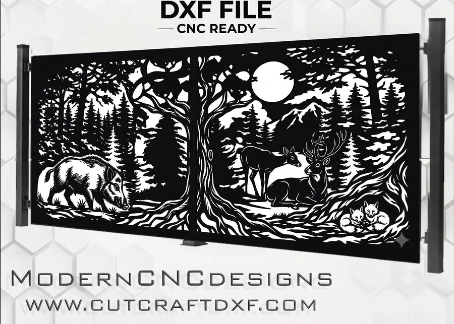 Majestic deer boar and foxes woodland landscape CNC gate DXF laser plasma cut