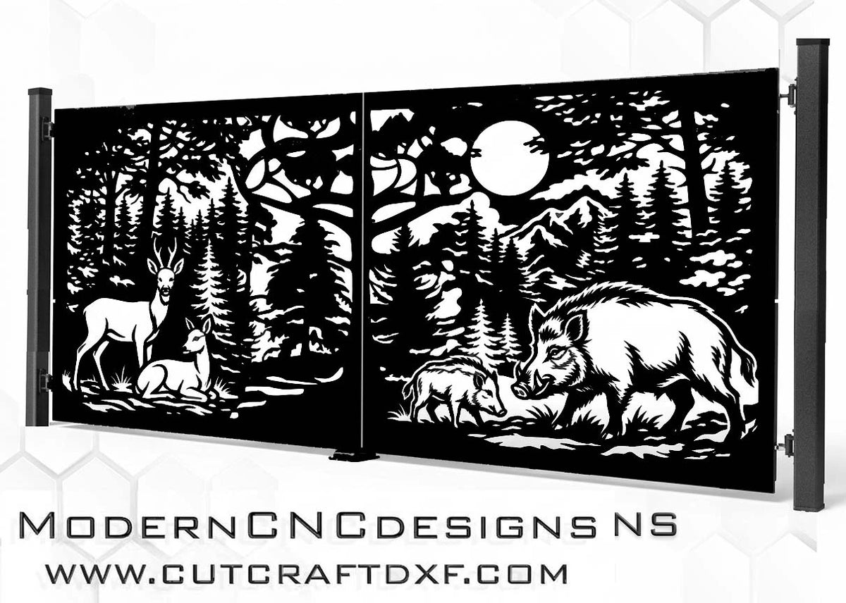 A two-panel black metal CNC gate featuring a high-contrast black and white forest and wildlife design, including deer, a wild boar, and a full moon, shown against a white background with a watermark at the bottom.