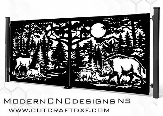 A two-panel black metal CNC gate featuring a high-contrast black and white forest and wildlife design, including deer, a wild boar, and a full moon, shown against a white background with a watermark at the bottom.