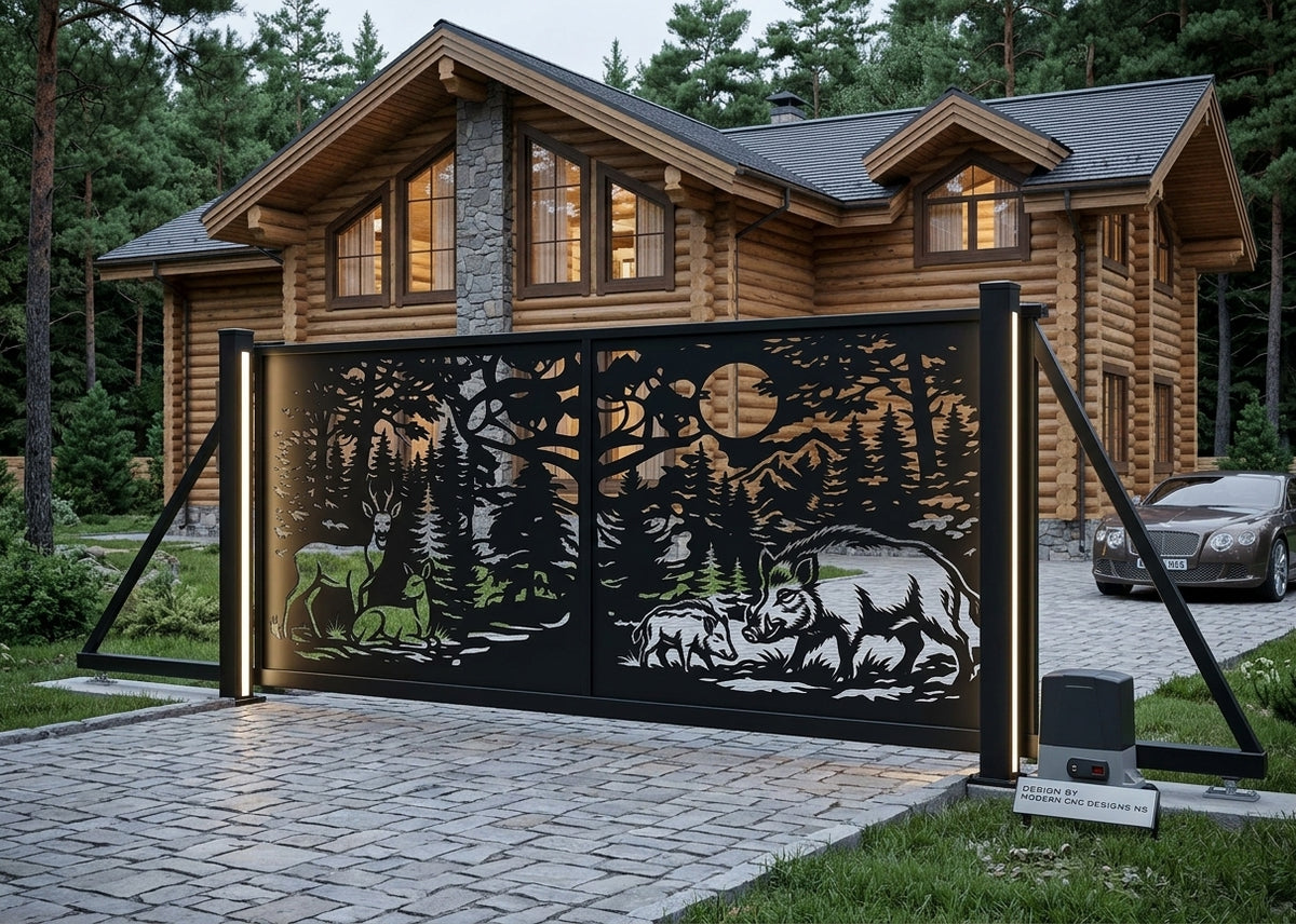 A large black metal driveway gate with a laser-cut forest and wolf scene, installed in front of a log cabin with a paved driveway and trees in the background.