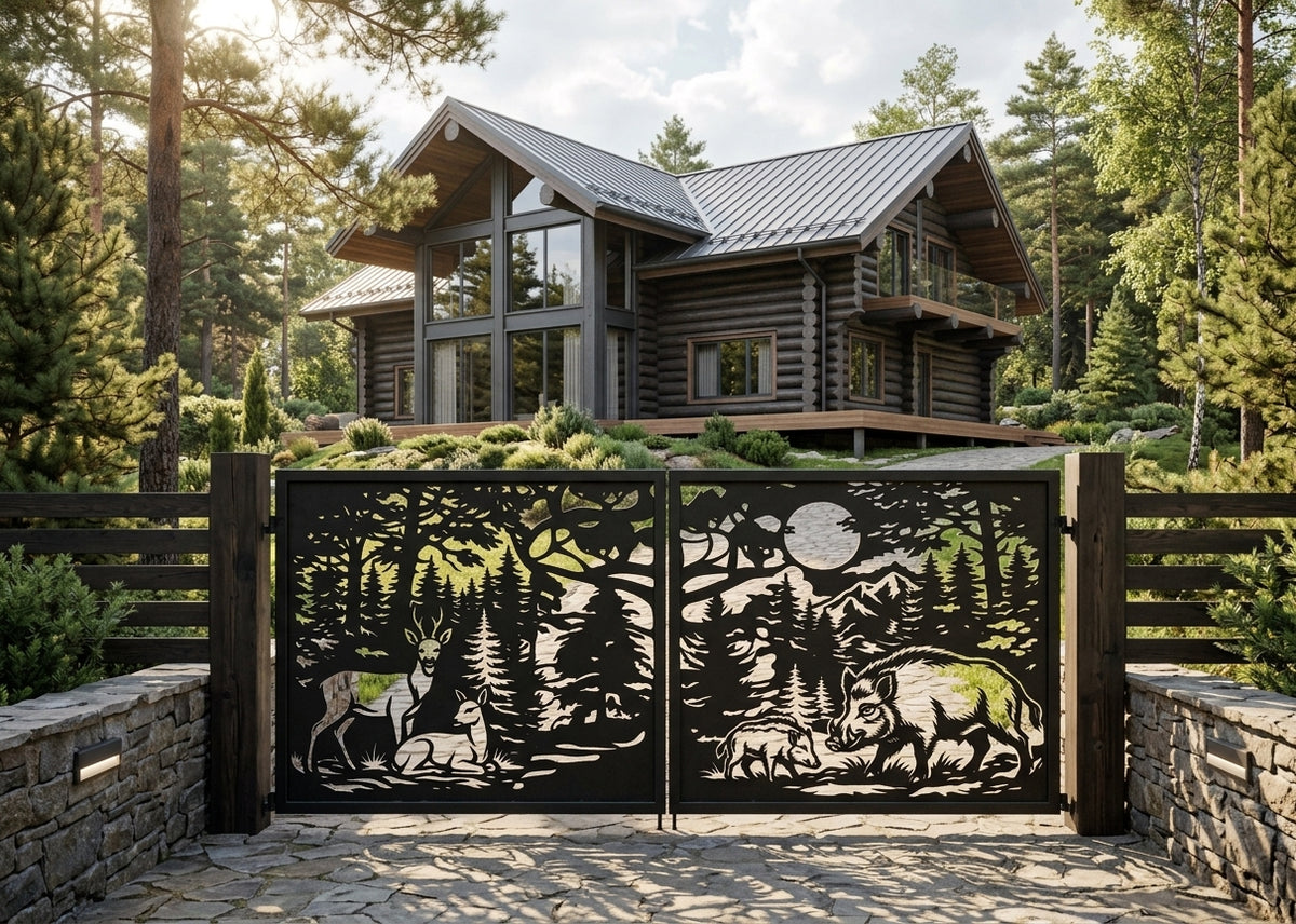 A decorative black metal split gate with a forest and animal cutout design, set in a stone and wood yard in front of a modern log cabin surrounded by tall pine trees.