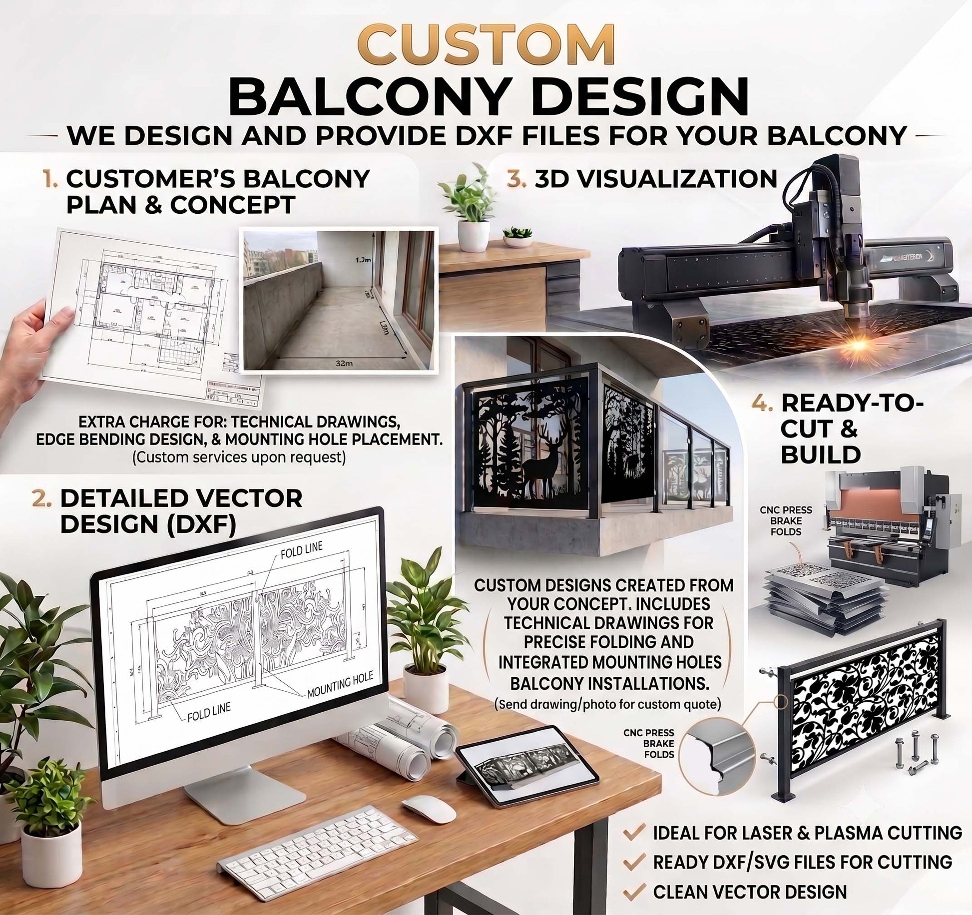 Infographic showing a 4-step custom balcony design workflow for CNC cutting, including customer plan, detailed DXF vector design with fold lines and mounting holes, 3D visualization, and CNC press brake bending.