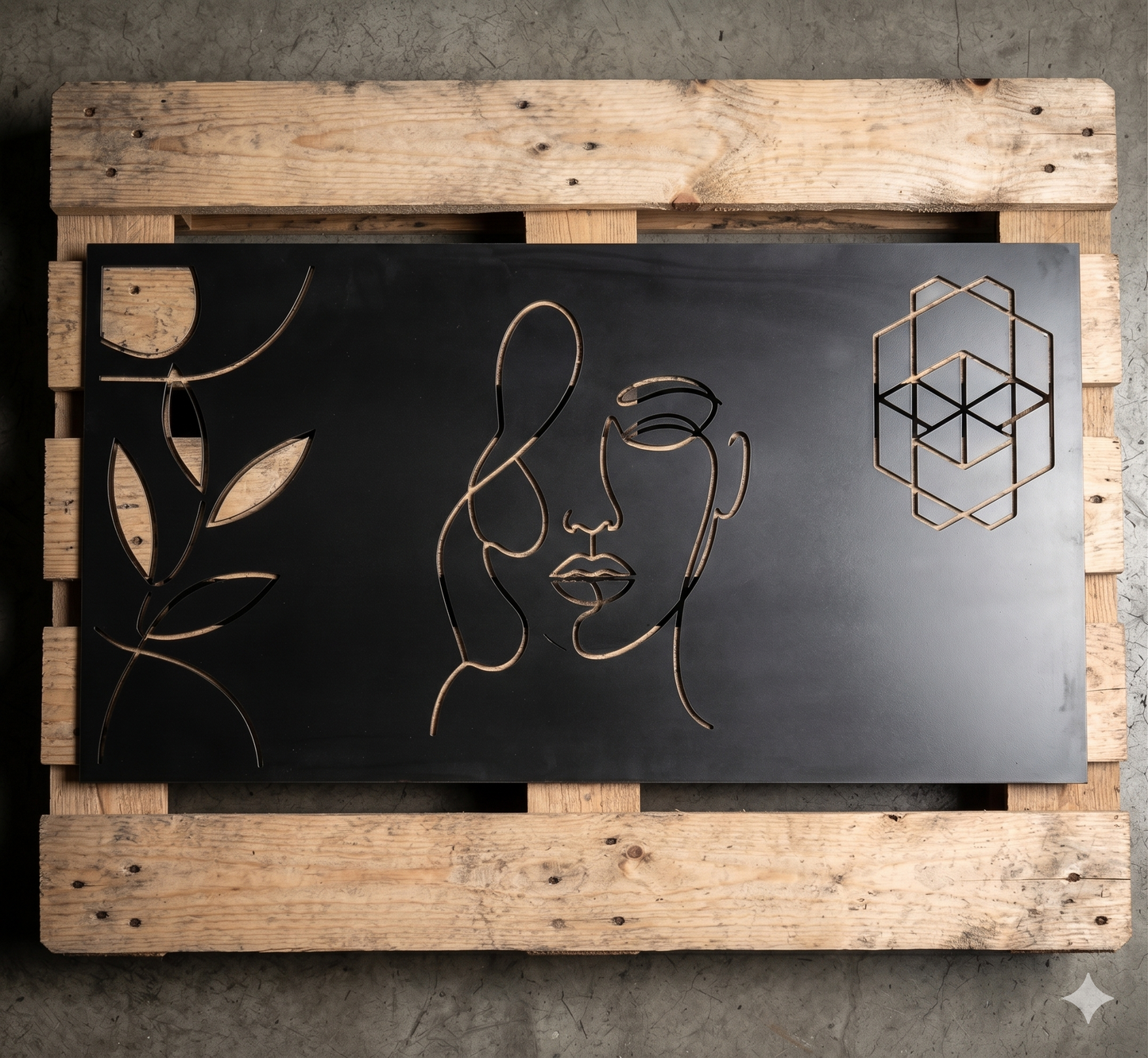 Finished laser cut metal panel with minimalist face design, black powder coated decorative screen
