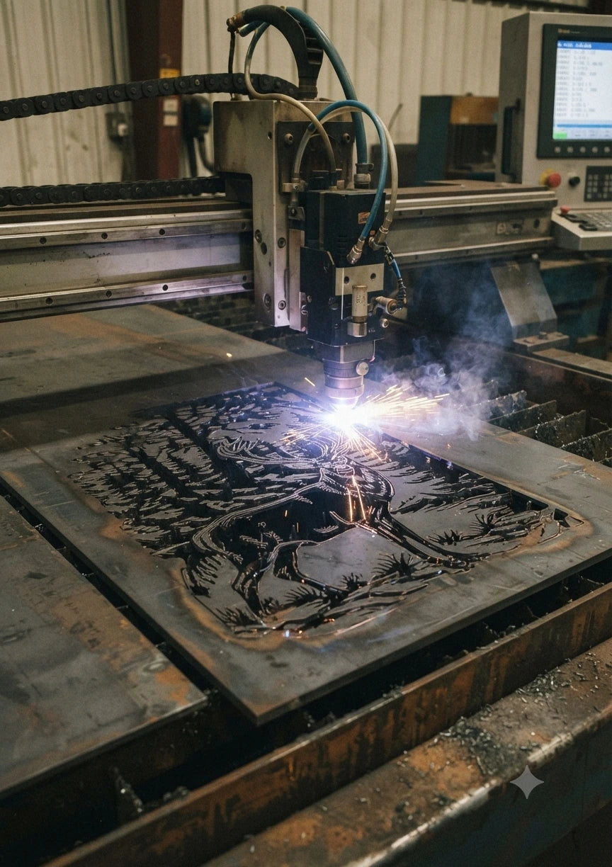 A laser cutting machine in a workshop actively cutting a dark metal sheet, with bright sparks and smoke visible at the intersection of the laser head and the metal.