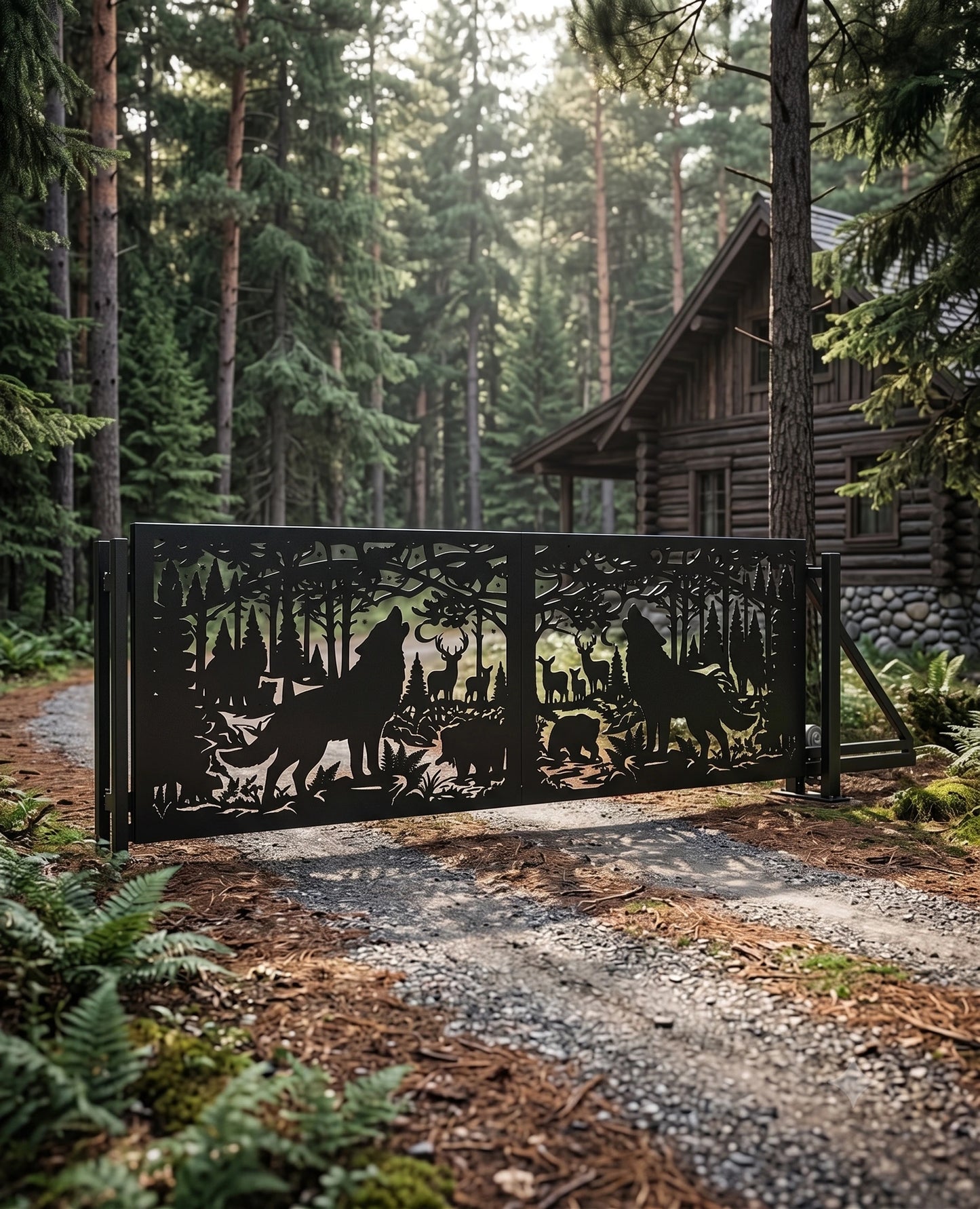Wooden cabin in a forest with a decorative metal gate featuring animal silhouettes.