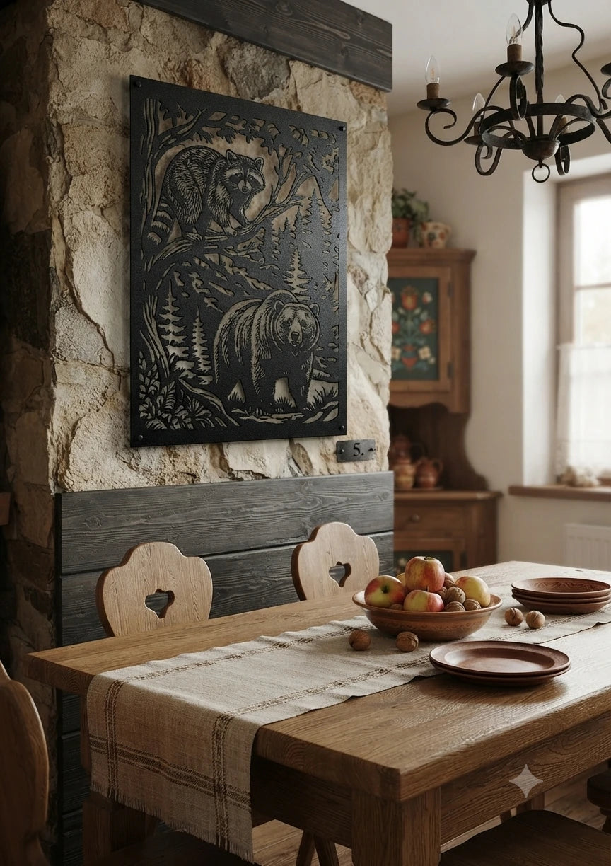 A rustic dining room scene with a wooden table, table runner, plates, fruit bowl, stone wall, dark wood paneling, and a large framed bear artwork hanging above the table.