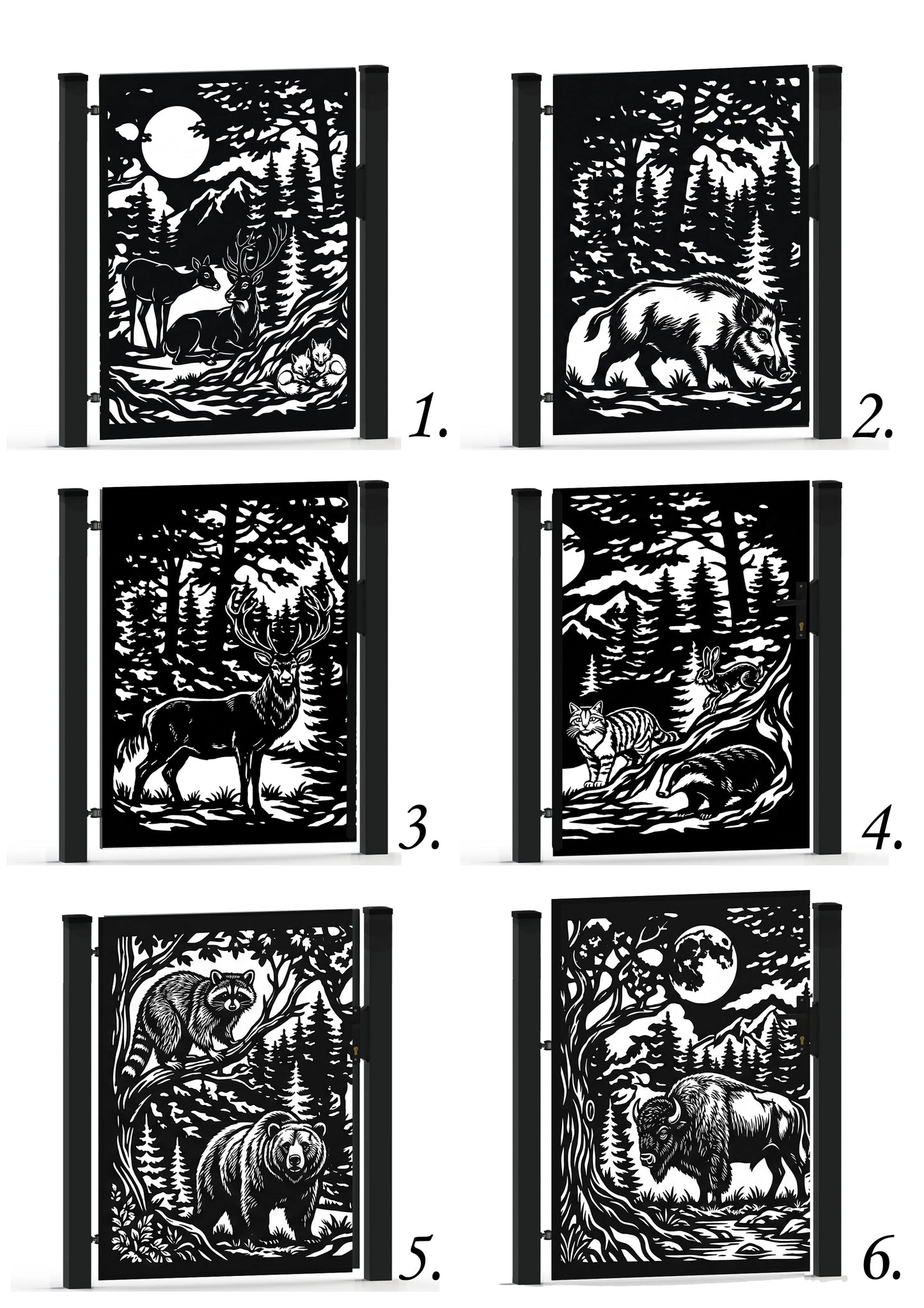 Six black-and-white woodland-themed notebook covers arranged in a 3-by-2 grid, each with a different animal illustration including a deer, bear, elk, wolf, bear and bison under trees and a full moon. Numbers 1 through 6 appear below each cover.