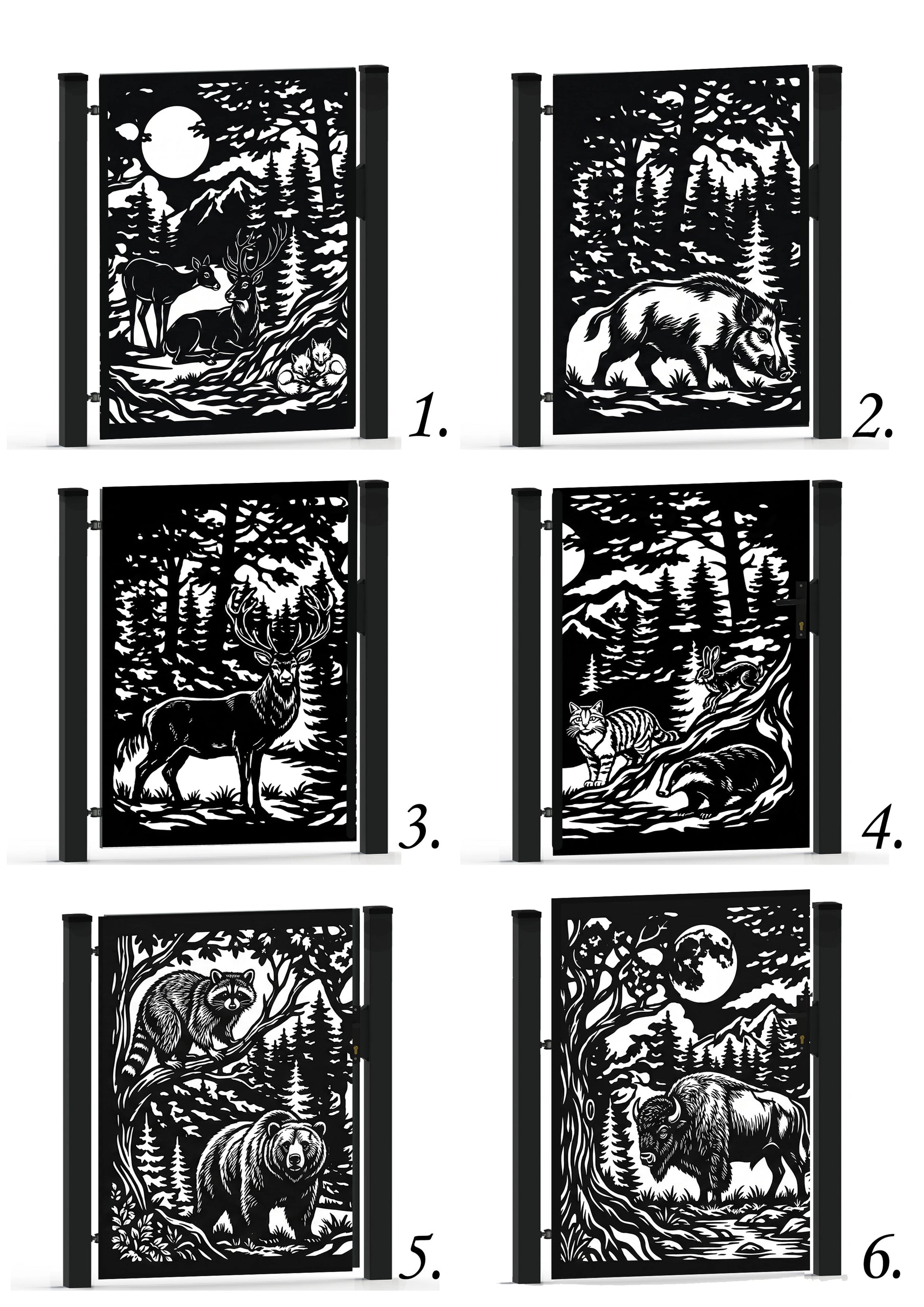 Six black-and-white woodland-themed notebook covers arranged in a 3-by-2 grid, each with a different animal illustration including a deer, bear, elk, wolf, bear and bison under trees and a full moon. Numbers 1 through 6 appear below each cover.