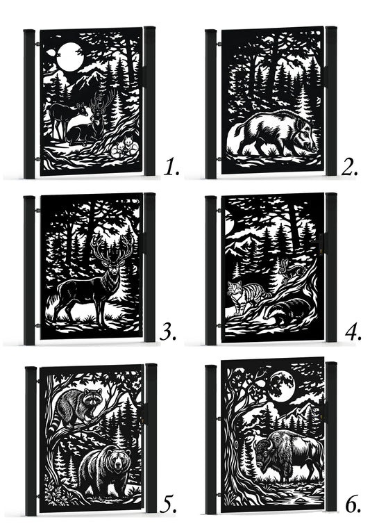 Six black-and-white woodland-themed notebook covers arranged in a 3-by-2 grid, each with a different animal illustration including a deer, bear, elk, wolf, bear and bison under trees and a full moon. Numbers 1 through 6 appear below each cover.