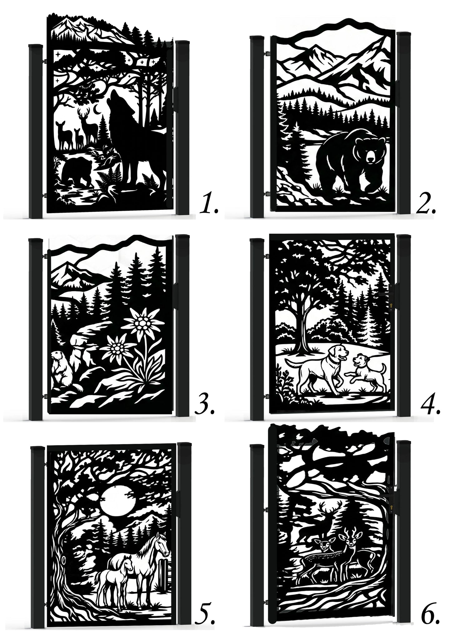 Six black-and-white outdoor nature-themed screen panels arranged in a 3-by-2 grid, each with a different animal or landscape scene including wolf, bear, deer, horse, moose, mountains, trees, and moon. Numbers 1 through 6 appear beside each panel.