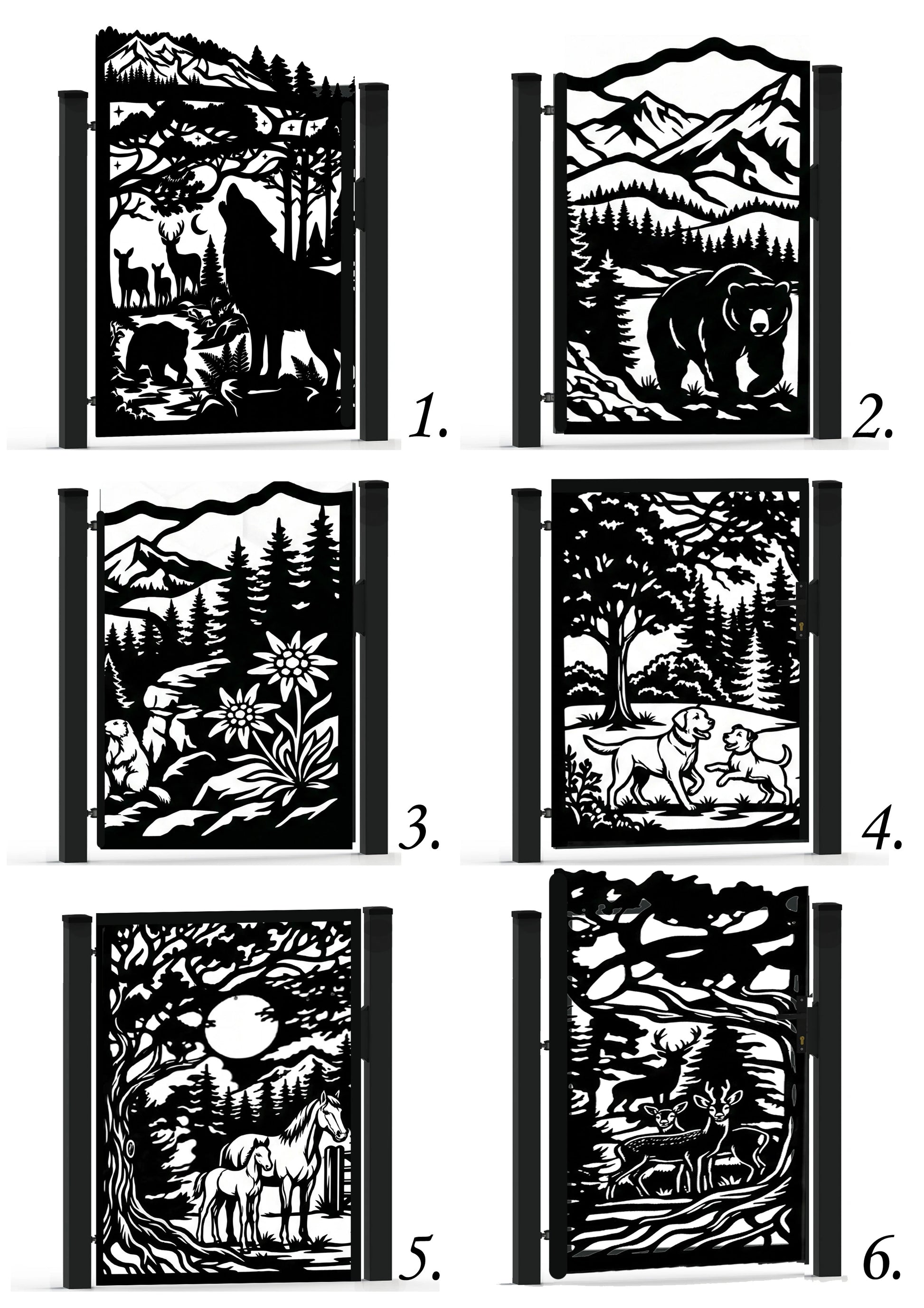 Six black-and-white outdoor nature-themed screen panels arranged in a 3-by-2 grid, each with a different animal or landscape scene including wolf, bear, deer, horse, moose, mountains, trees, and moon. Numbers 1 through 6 appear beside each panel.