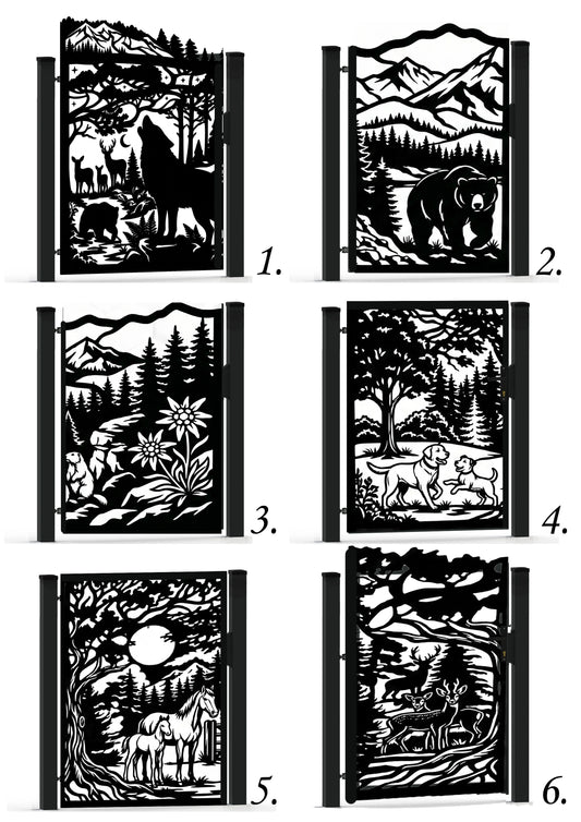 Six black-and-white outdoor nature-themed screen panels arranged in a 3-by-2 grid, each with a different animal or landscape scene including wolf, bear, deer, horse, moose, mountains, trees, and moon. Numbers 1 through 6 appear beside each panel.