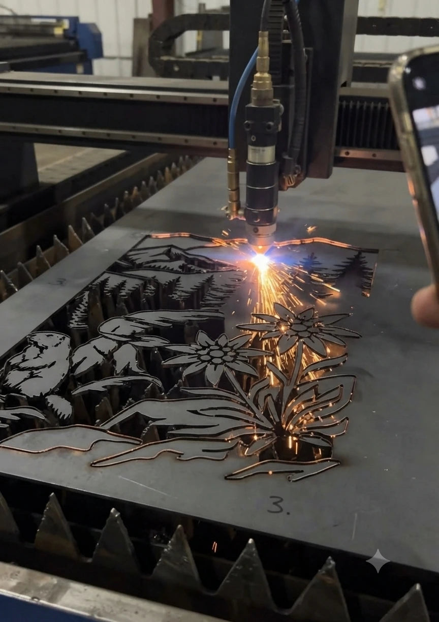 A laser cutting machine in operation, engraving a metal sheet with a forest and floral design. Bright sparks fly from the laser point, and a hand holding a smartphone is visible on the right side of the frame.