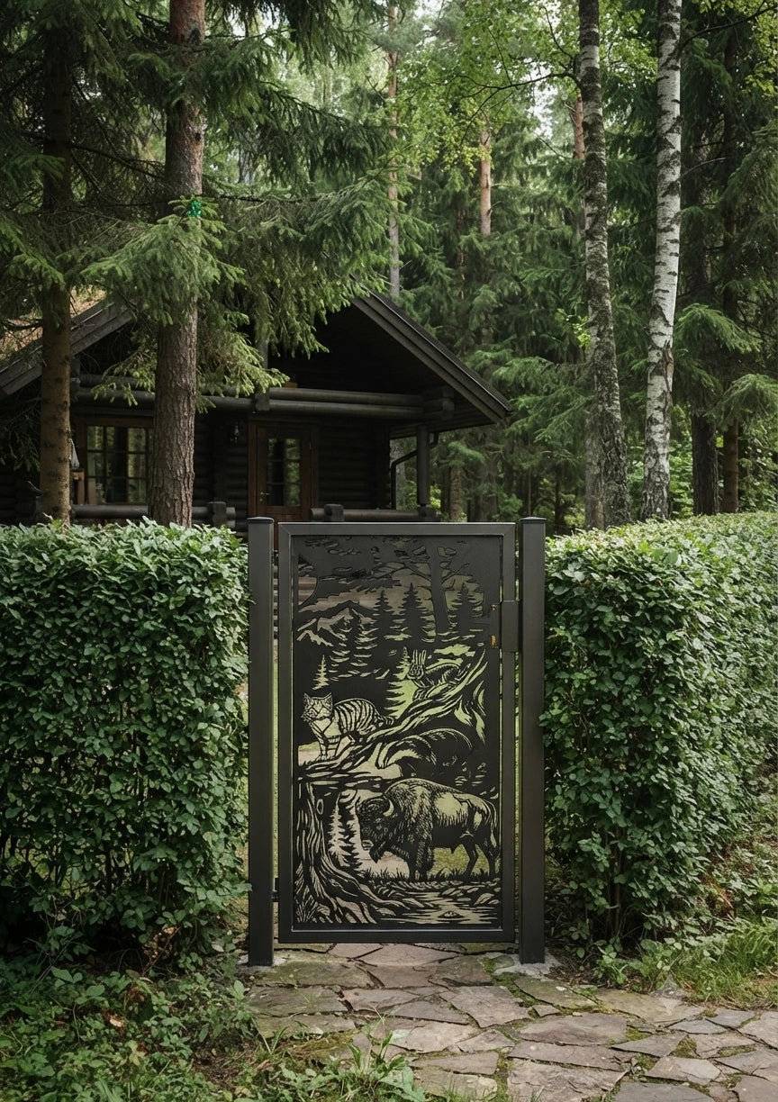 A dark metal garden gate featuring an intricate laser-cut design of a forest scene with a bison, set between green hedges in a wooded outdoor area.