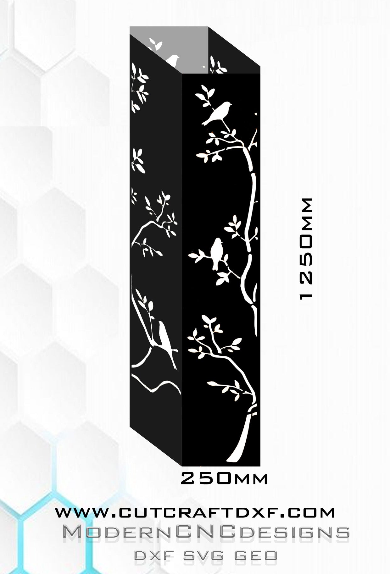 Black decorative panel with white floral and bird design on a white background, featuring dimensions 250mm x 1250mm.