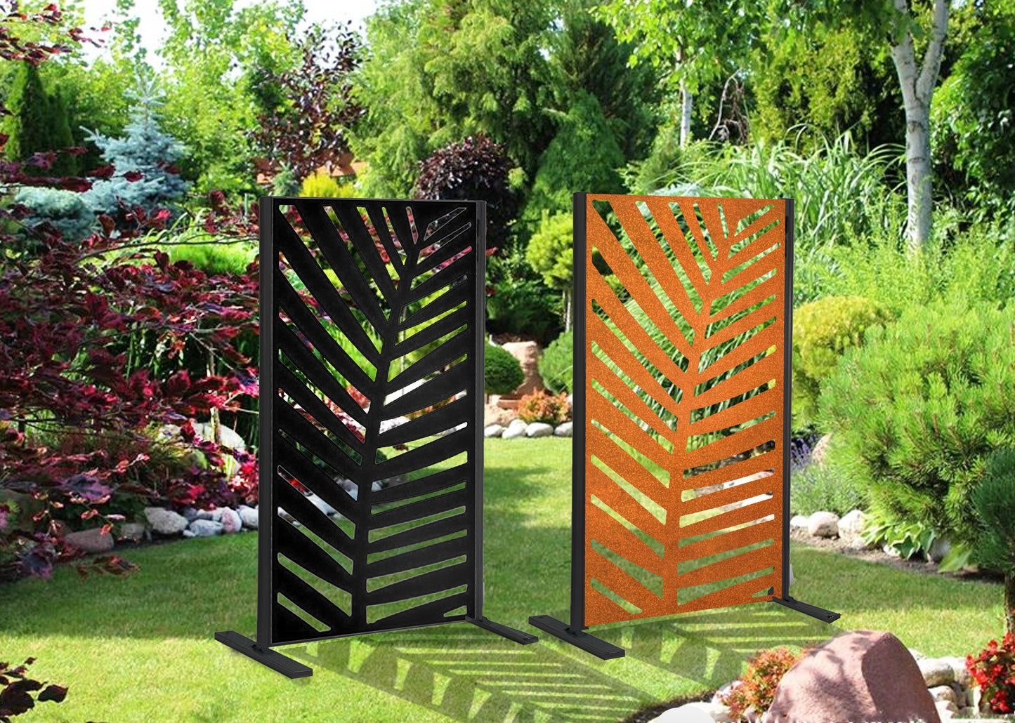 Two decorative garden screens with geometric patterns in a garden setting.