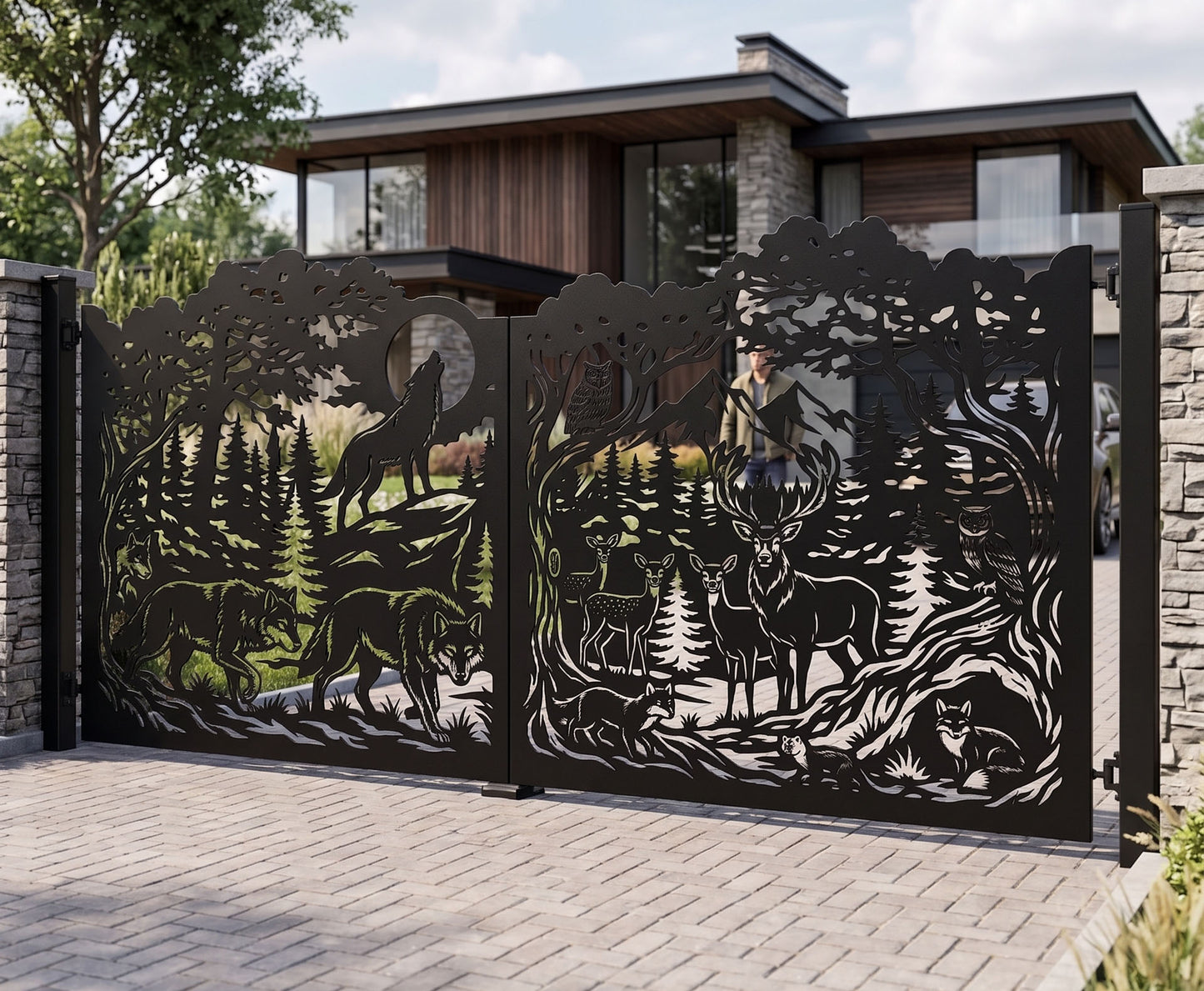 Modern double swing metal gate with decorative laser cut wildlife panels, luxury driveway entrance design