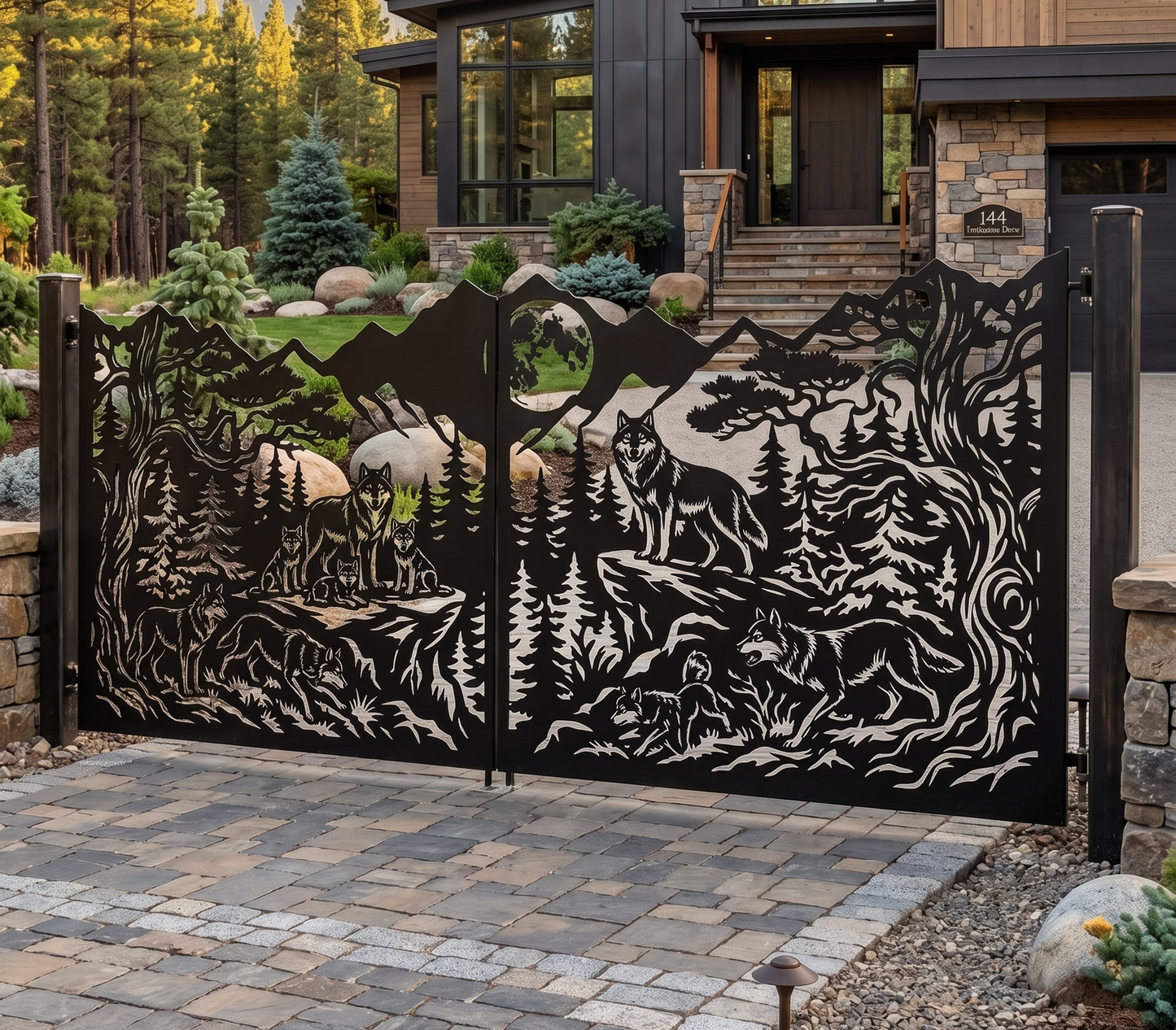 Custom laser cut metal driveway gate with mountain scenery, decorative wolf themed double swing gate