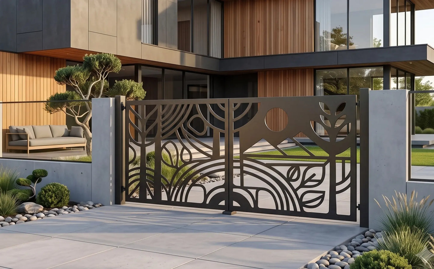 Modern minimalist double swing driveway gate with abstract mountain landscape design installed in front of a luxury contemporary house