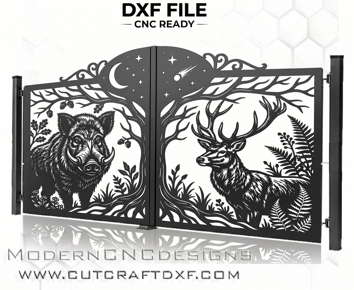 BOAR & DEER Wildlife Gate DXF design for CNC cutting – detailed forest scene with wild boar and stag under a night sky.