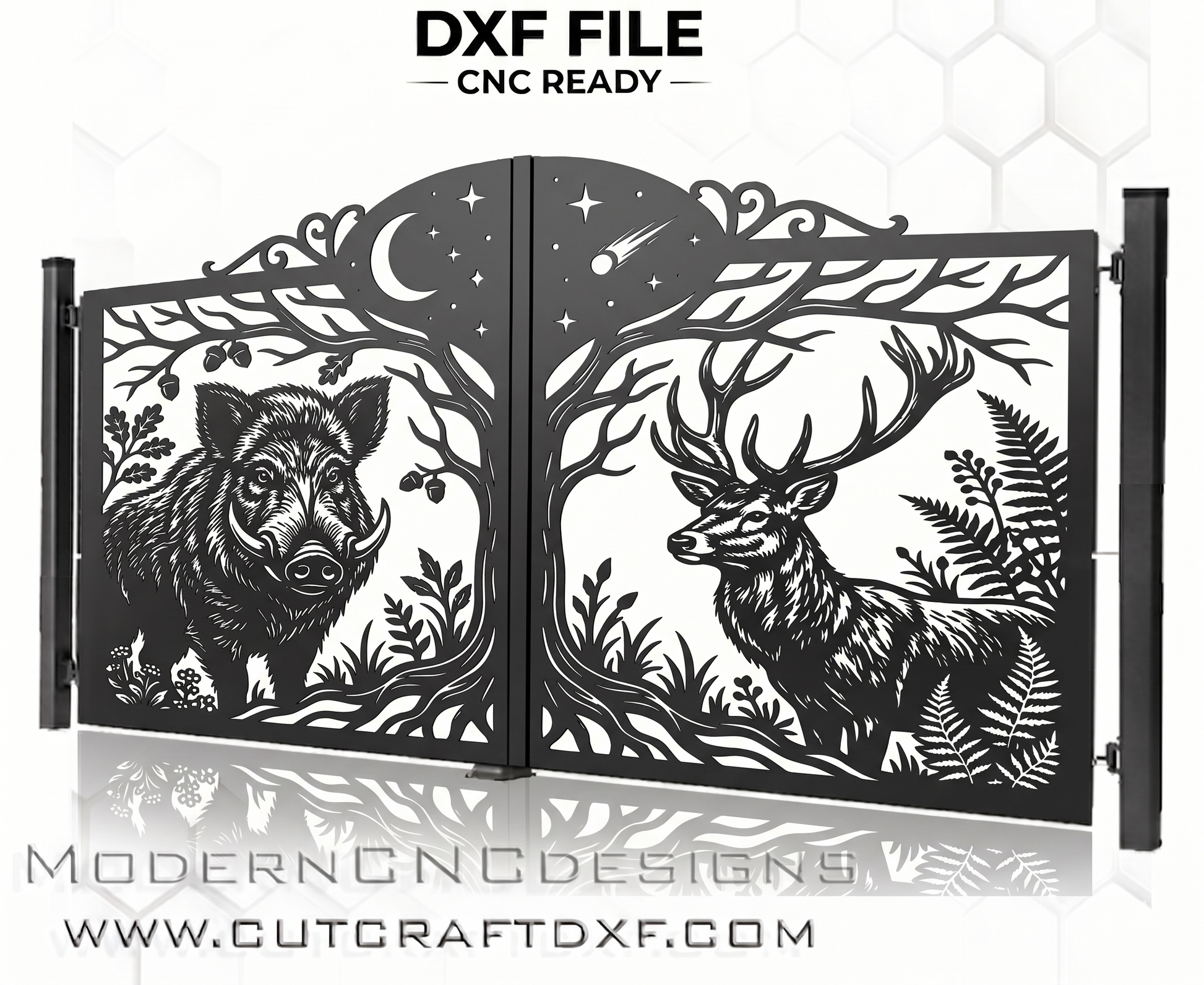 BOAR & DEER Wildlife Gate DXF design for CNC cutting – detailed forest scene with wild boar and stag under a night sky.
