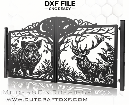 Boar and deer wildlife gate DXF forest scene with stag under night sky