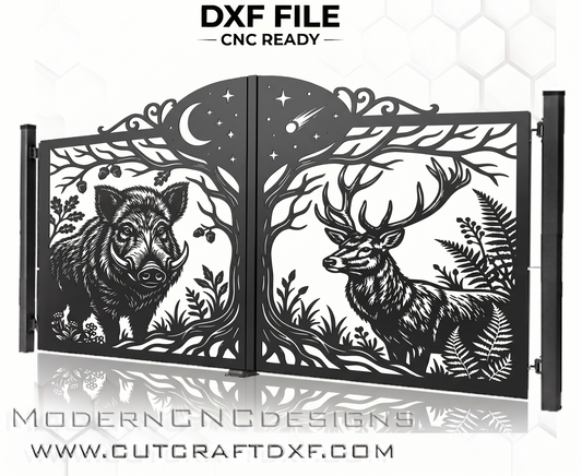 BOAR & DEER Wildlife Gate DXF design for CNC cutting – detailed forest scene with wild boar and stag under a night sky.