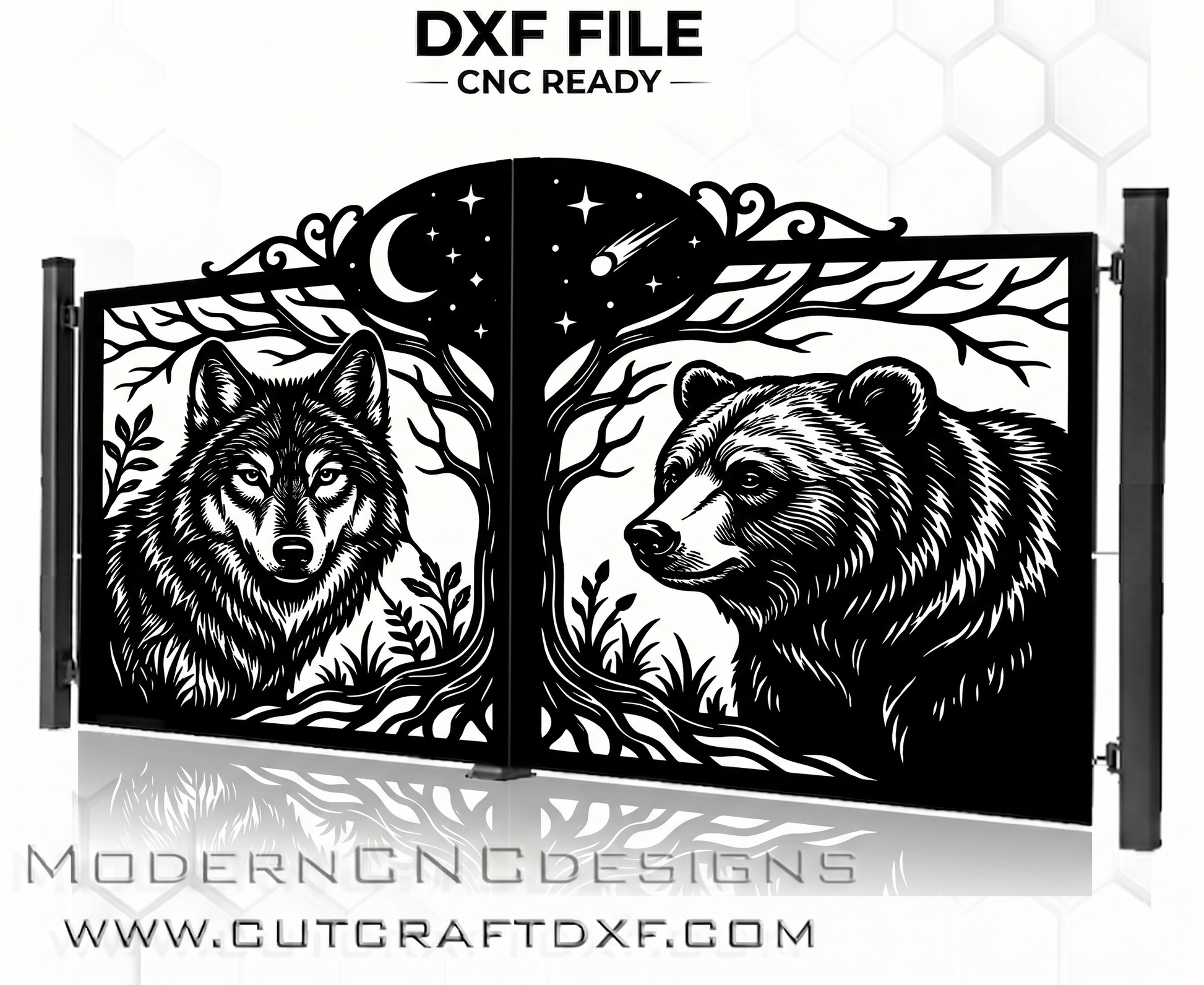 WOLF & BEAR Wildlife Gate DXF design for CNC Laser and Plasma cutting – night scene with moon and comet.