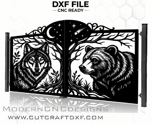 Wolf and bear wildlife gate DXF night scene with moon and comet