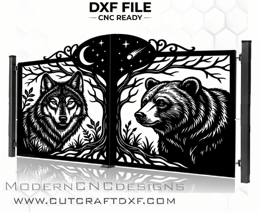 WOLF & BEAR Wildlife Gate DXF design for CNC Laser and Plasma cutting – night scene with moon and comet.