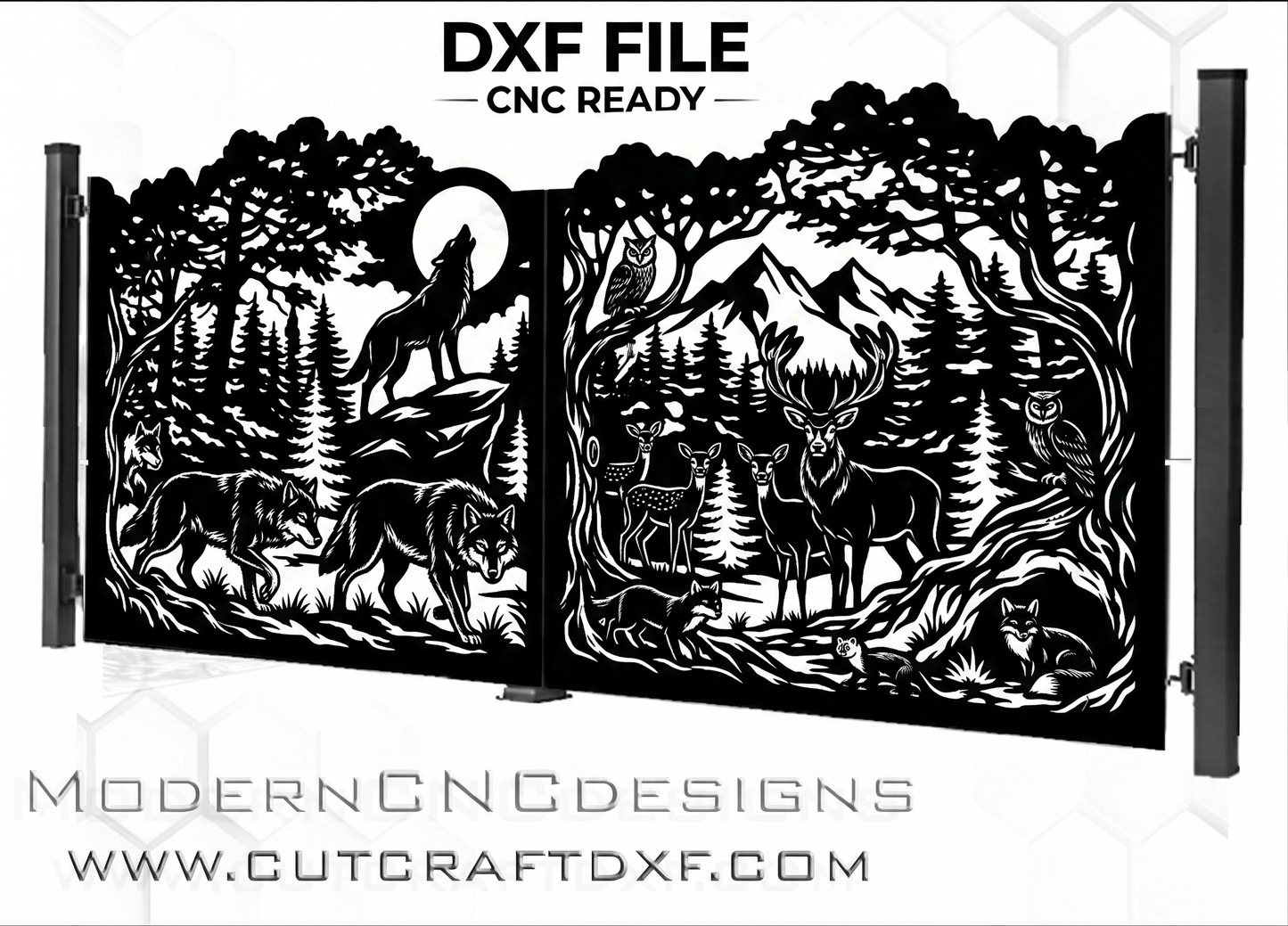 Wolf and deer forest scene DXF file for CNC laser plasma cutting, wildlife driveway gate design