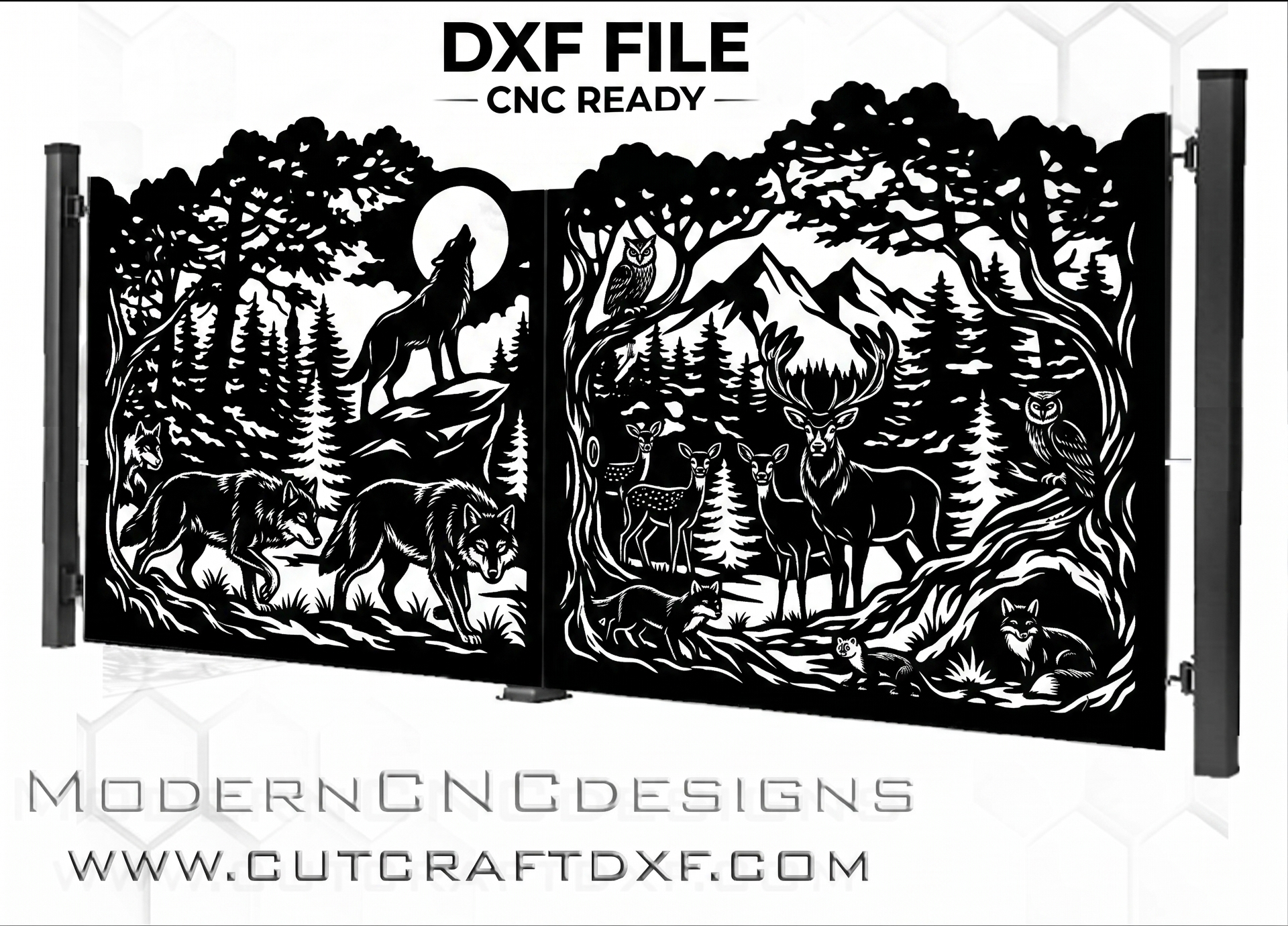 Wolf and deer forest scene DXF file for CNC laser plasma cutting, wildlife driveway gate design