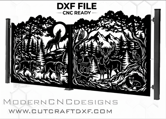 Wolf and deer forest scene DXF file for CNC laser plasma cutting, wildlife driveway gate design