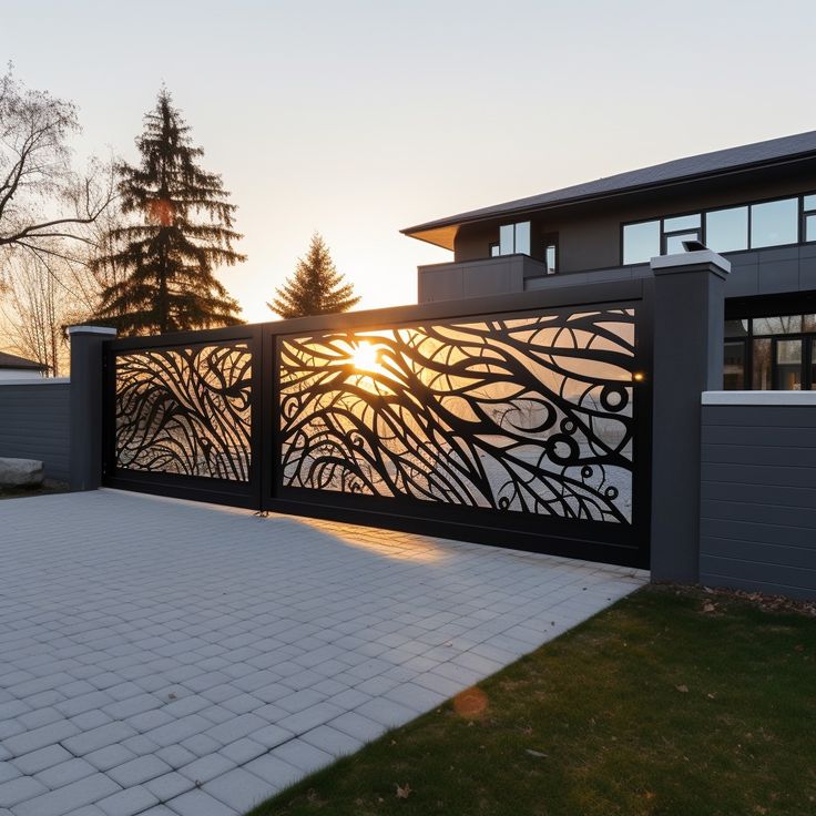 Decorative metal gate with tree design at sunset, featuring a modern house and trees in the background.