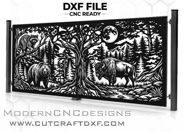 Wildlife driveway gate with laser cut bear bison and raccoon forest scene