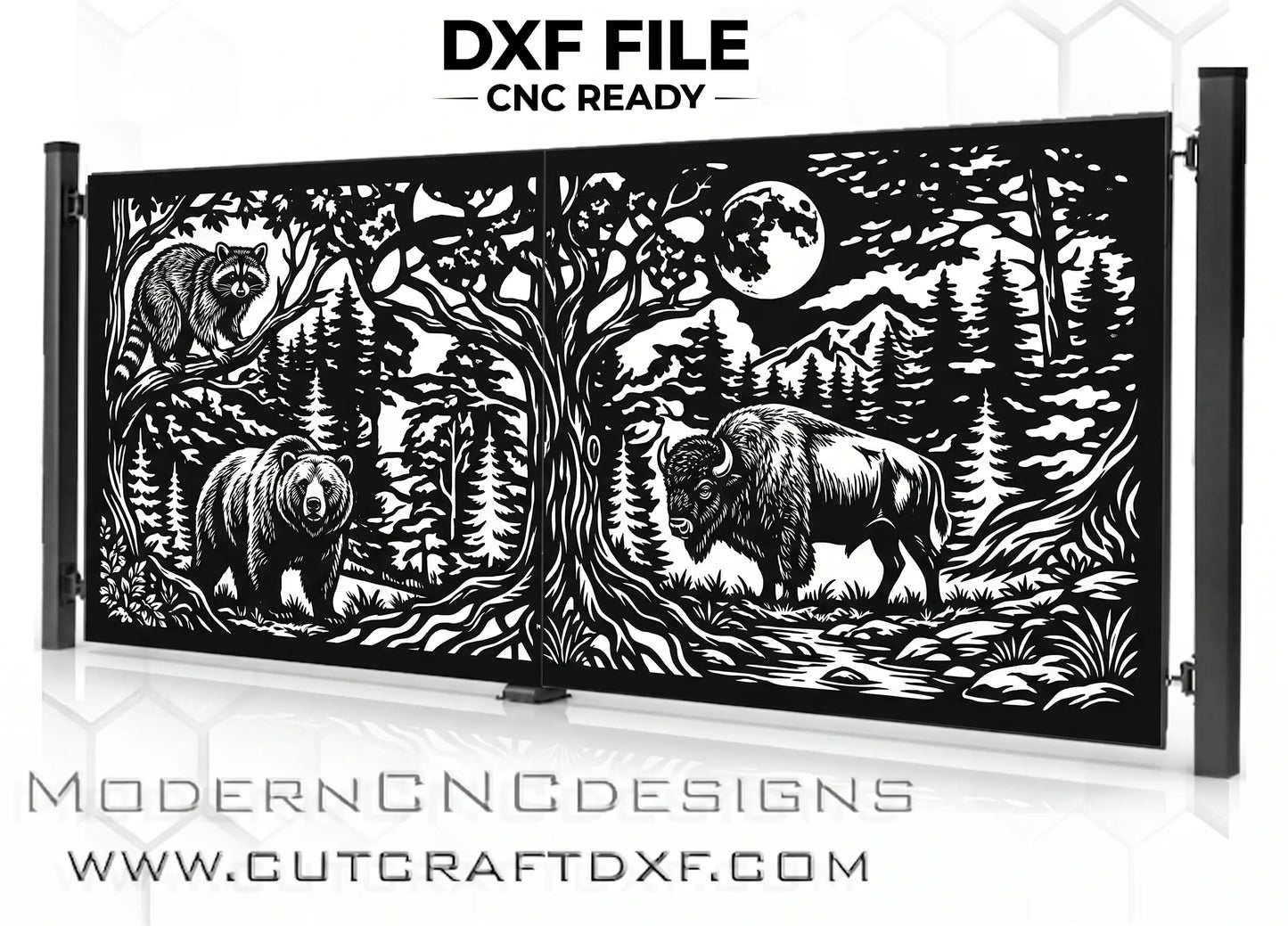 Bison, Bear, and Raccoon wildlife scene dual-panel driveway gate DXF design template for CNC laser cutting on a modern clean background.