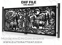 Wildlife driveway gate with laser cut bear bison and raccoon forest scene