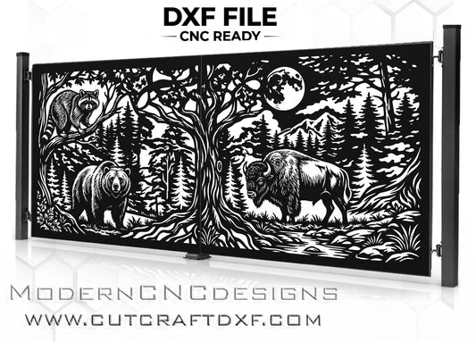 Bison, Bear, and Raccoon wildlife scene dual-panel driveway gate DXF design template for CNC laser cutting on a modern clean background.