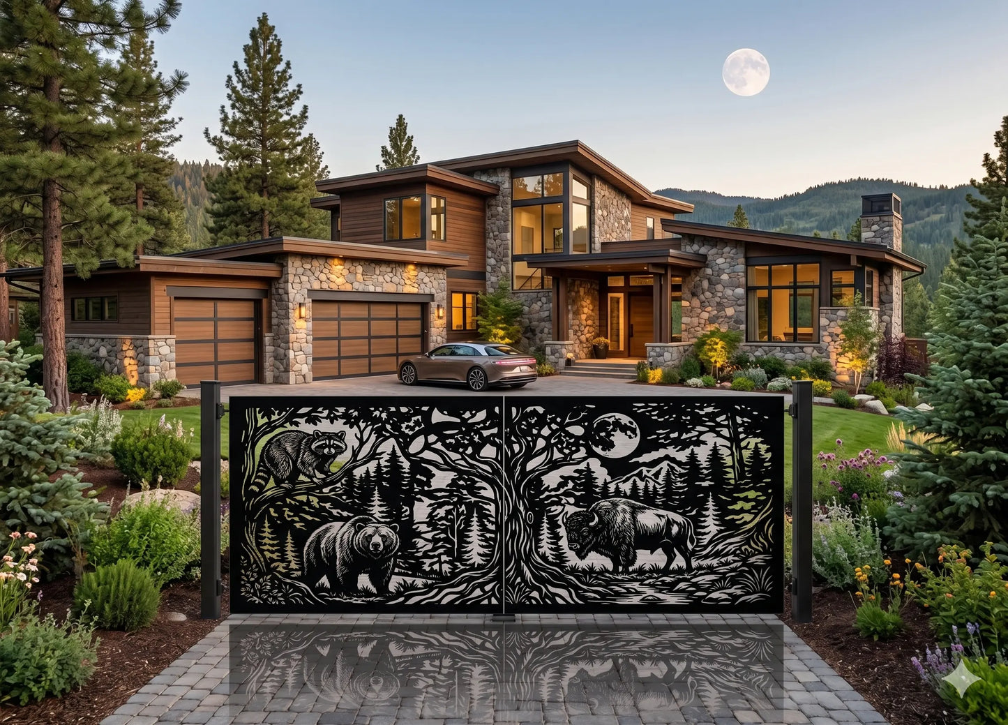 Decorative metal wildlife driveway gate featuring a laser-cut bear, bison, and forest scene installed in front of a luxury modern estate.