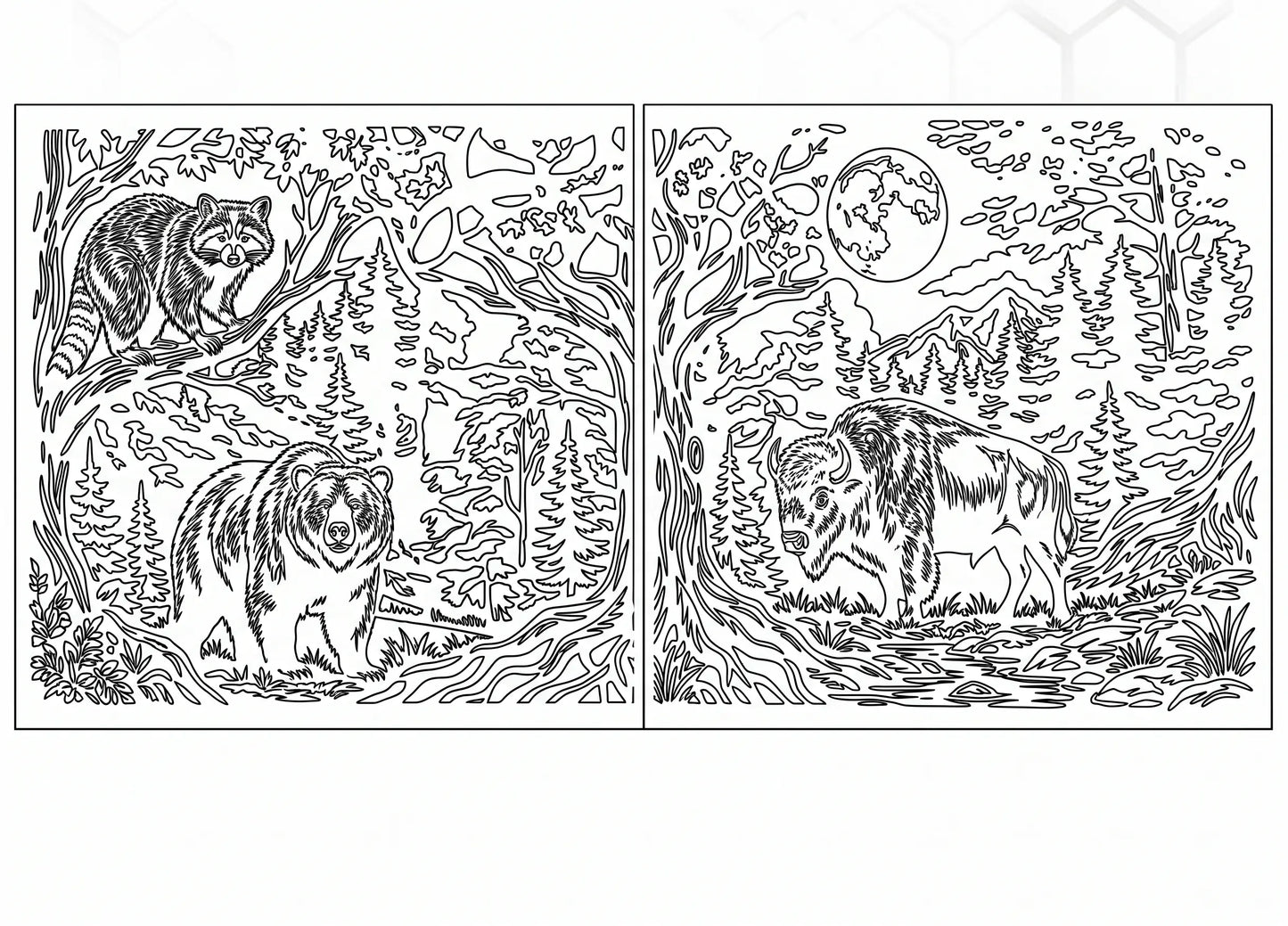 Clean vector line art preview of the Forest Moon wildlife gate design showing cutting paths for CNC plasma and fiber laser machines.
