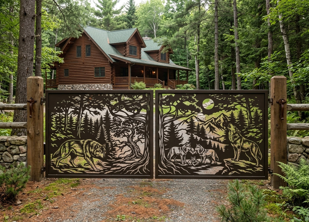 A large decorative metal gate installed in a forested property, with a log cabin visible behind it. The gate features cutout wildlife and landscape artwork, including a bear, deer, trees, mountains, and a full moon, set in a real outdoor environment.