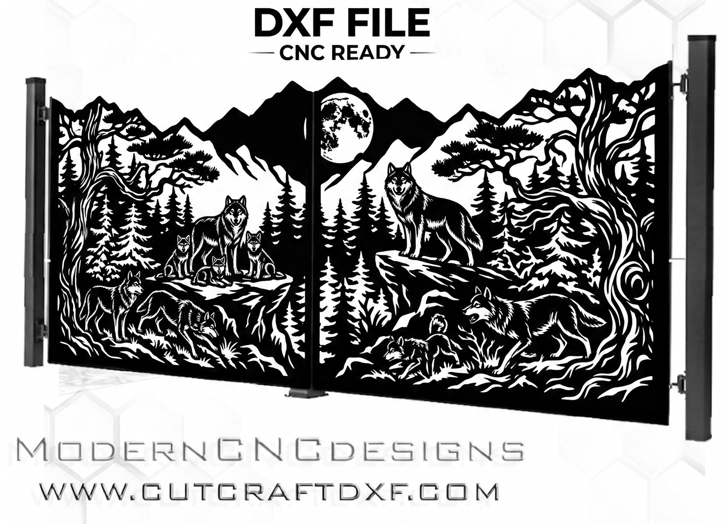 Mountain wolf pack DXF design for CNC plasma cutting, wilderness landscape metal gate pattern