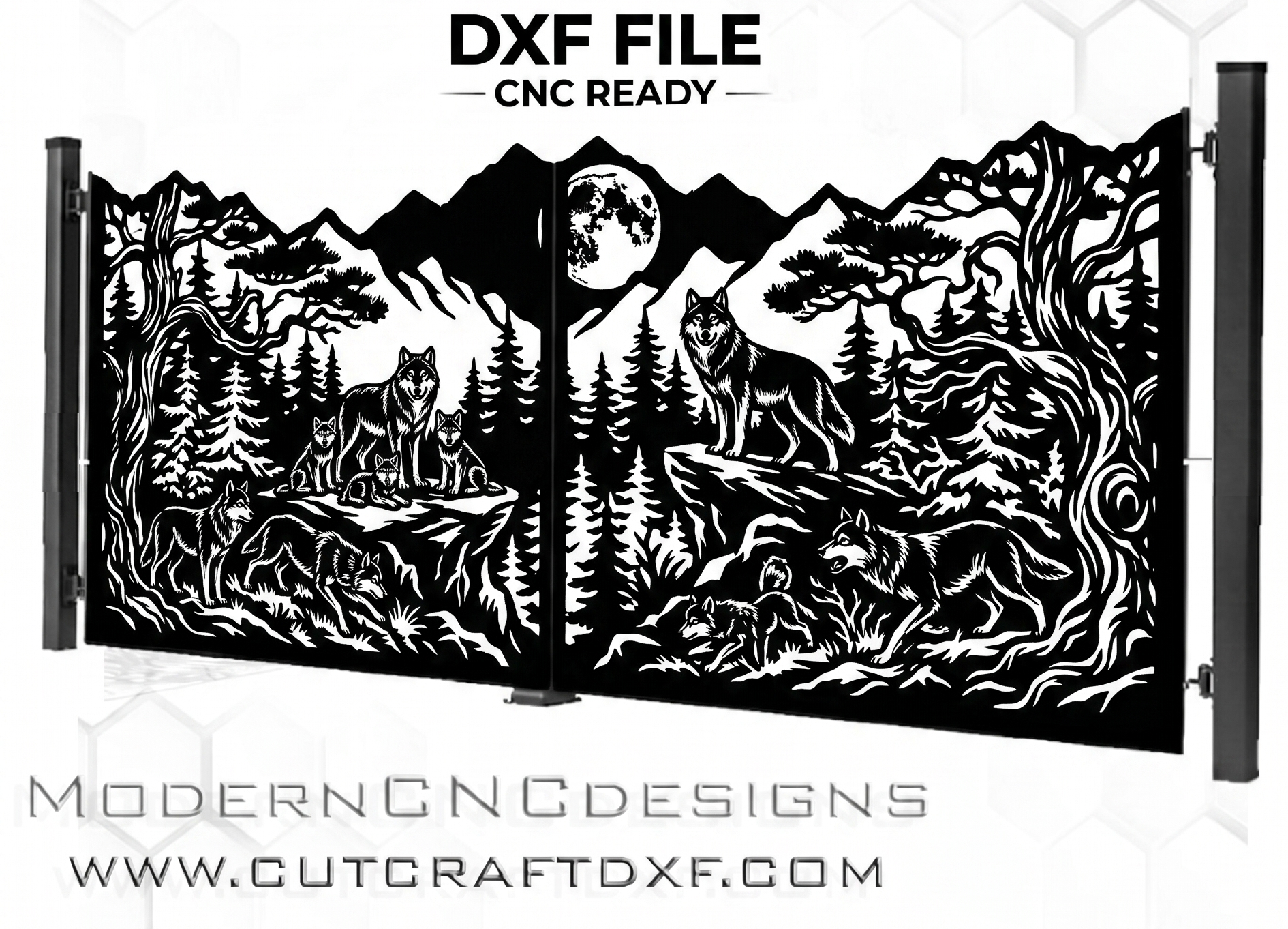 Mountain wolf pack DXF design for CNC plasma cutting, wilderness landscape metal gate pattern