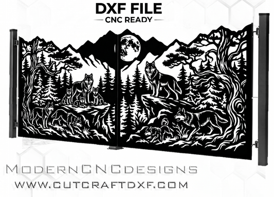 Mountain wolf pack DXF design for CNC plasma cutting, wilderness landscape metal gate pattern