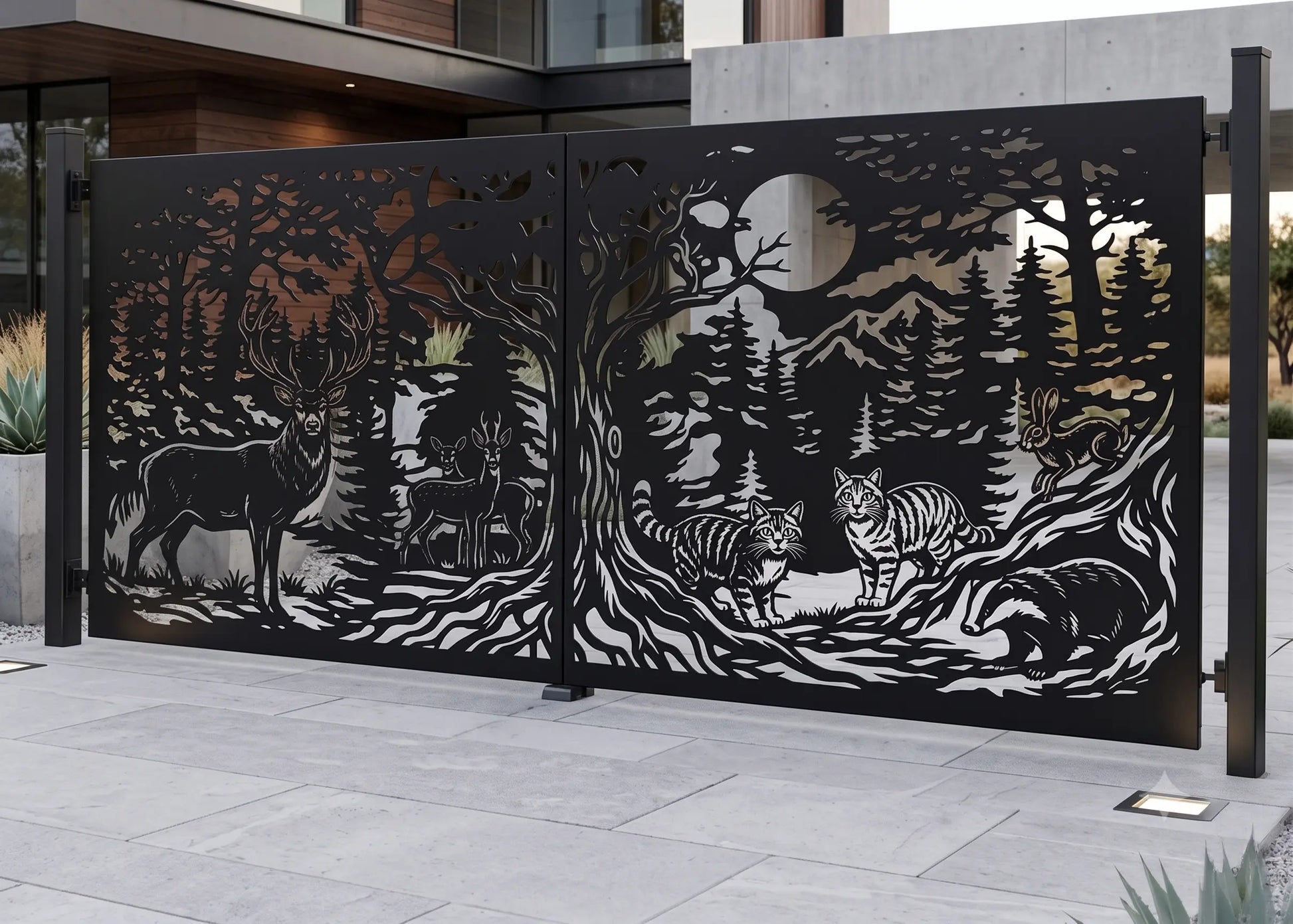 Modern black metal gate with laser cut forest wildlife landscape design installed in front of a contemporary concrete house.