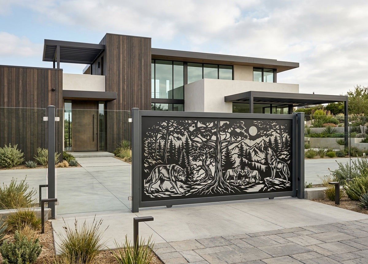 A modern black metal split gate with an intricate laser-cut forest and wolf design, installed in front of a contemporary house.