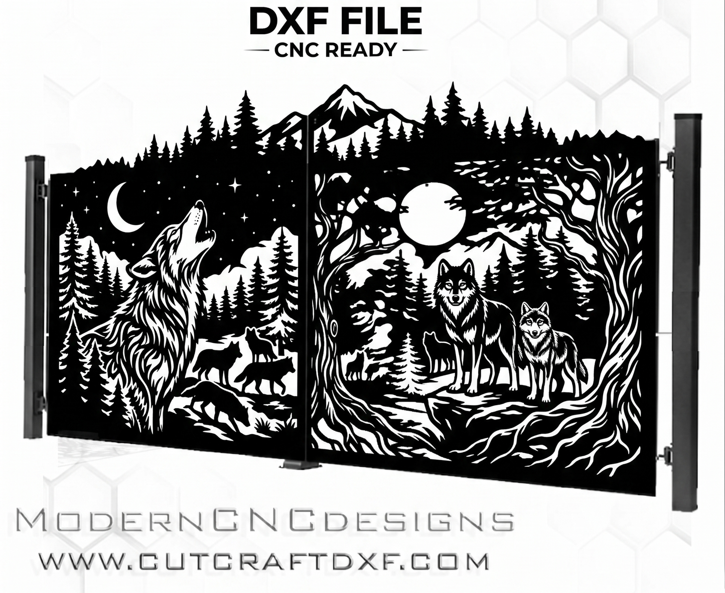 Howling wolf and moon forest DXF file for CNC plasma, mountain wilderness gate design for laser cutting